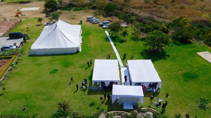 Aerial view of event marquees from above